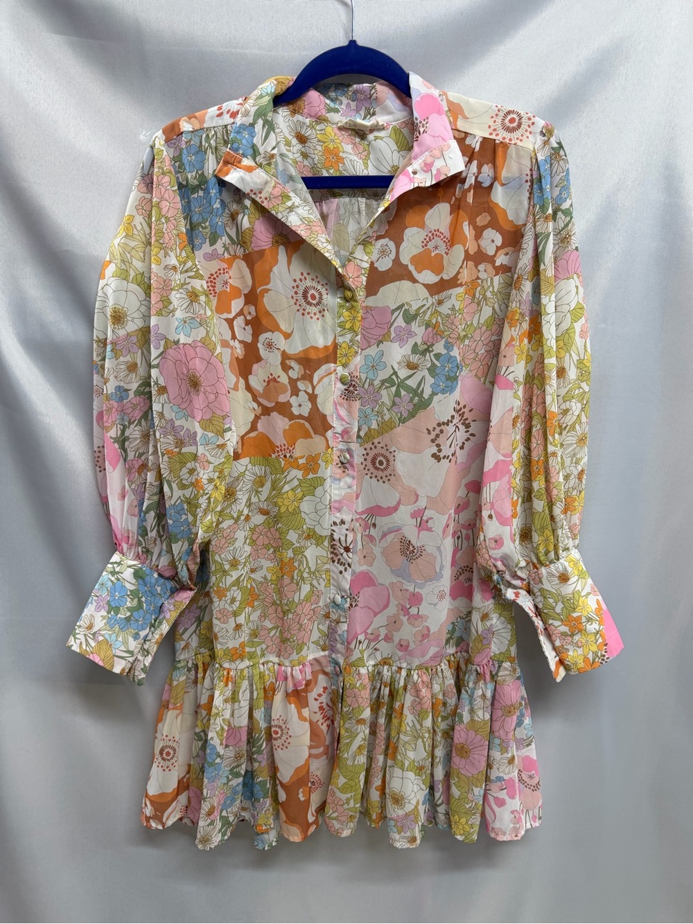 Pink Ripple Boho Tunic Dress Colorful Floral Pastel Patchwork Buttondown Medium - Picture 4 of 9